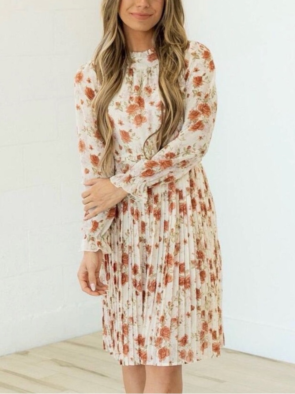 Indie & Co Floral Dress Cream Floral Pleated High Neck Women's Size Large
